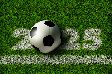 Fototapeta premium Top view of soccer ball on soccer field with 2025. Tournament concept.