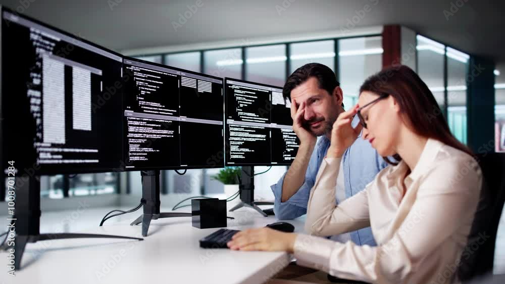Poster Unhappy Sad Developer Programmers In Stress Coding Software