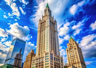 Naklejka premium Stunning Architectural View of the Iconic Woolworth Tower Against a Clear Blue Sky in NYC