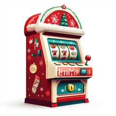 A festive slot machine decorated for the holiday season.