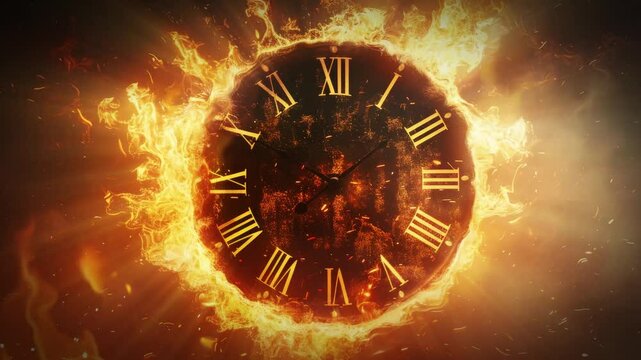 An old clock on fire with smoke. 4k video