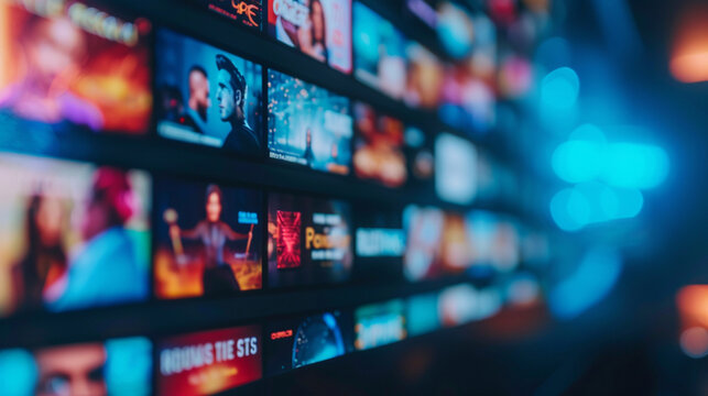 A close shot of a digital streaming platform interface on a smart TV, showing the current top-trending movies.