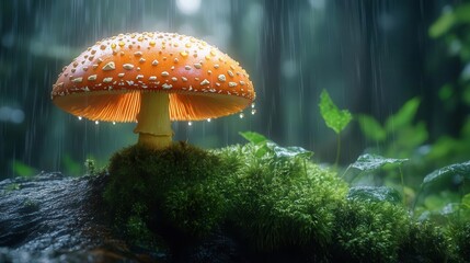 Fototapeta premium charming mushroom with delicate raindrops resting on it perched on a mossy log surrounded by lush greenery creating a peaceful serene atmosphere inviting viewers into a hidden world of nature