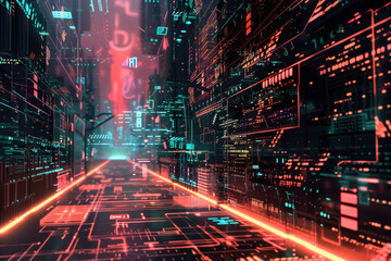 Obraz premium close up horizontal illustration of a glowing virtual futuristic cybernetic background