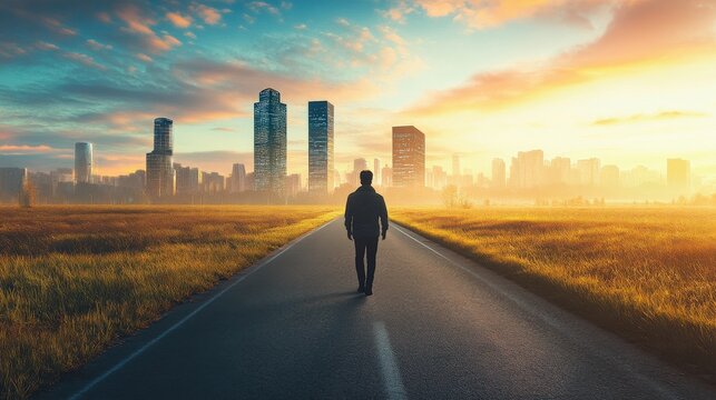 A solitary figure strides along a deserted road surrounded by open fields, approaching a vibrant city skyline bathed in the warm glow of sunrise