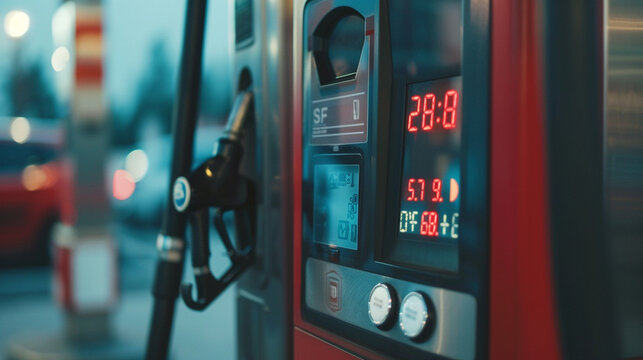 A close shot of a digital fuel pump display showing the current cost and amount of gas being pumped into a vehicle.