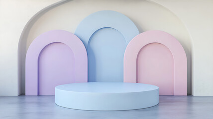 Of a pastel-colored podium with abstract curved shapes in the background, 3D rendering for product display