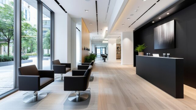 A modern salon interior featuring a stylish haircut station with natural light streaming through large windows