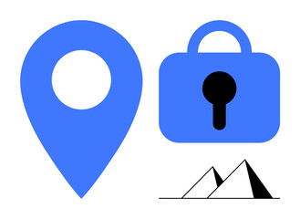 Blue location pin, blue padlock with black keyhole, and black-and-white pyramids on white background. Ideal for travel, security, navigation, history, graphic design. Minimalistic modern style