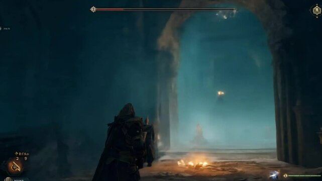 fantasy character in a misty dungeon castle role playing video game gameplay Generative AI