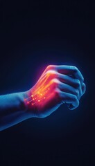 Futuristic hand with glowing elements on a dark background.