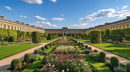 Obraz premium The stunning gardens of the Palais-Royal, with perfectly manicured trees and flowerbeds.