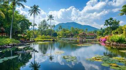 Obraz premium The stunning Nong Nooch Botanical Garden, filled with rare orchids, tropical plants, and beautifully landscaped grounds.