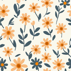 Vector floral pattern of orange daisies and dark leaves on a cream background. Perfect for nature-inspired designs and fabrics.