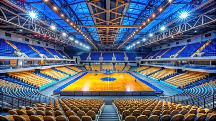 Obraz premium Stunning interior view of a modern basketball arena showcasing vibrant colors and dynamic seating layout