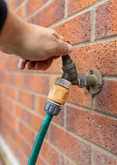 Man's hand turns brass outdoor faucet tap on brick wall to feed water to a green garden hose
