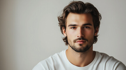 The most handsome man on the planet, with clear facial features, a confident look and modern style, against a neutral background