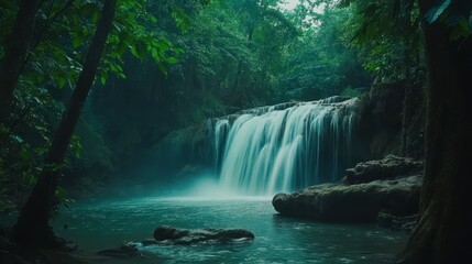 The tranquil Erawan Waterfall cascading through lush, green forest, creating an idyllic nature scene.