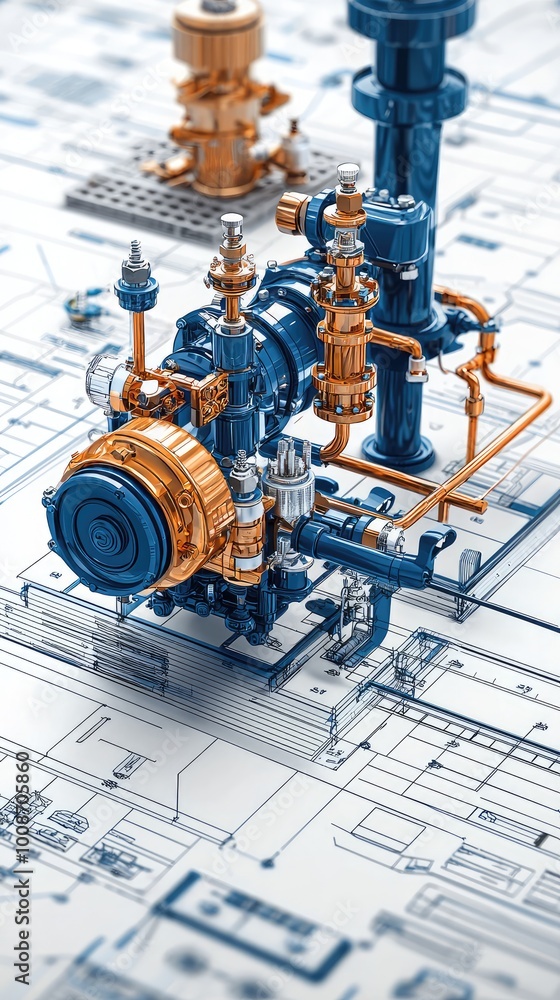 Poster detailed engineering design featuring a mechanical component on a blueprint background, showcasing i