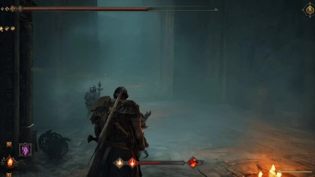 warrior with a sword in a misty dungeon castle video game gameplay Generative AI