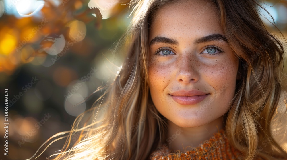 Sticker Smiling Woman with Freckles in Autumn Setting