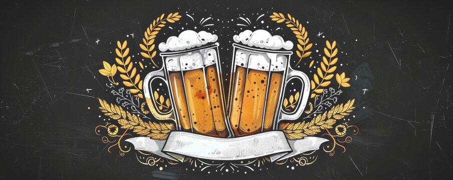The image features a chalkboard-style Oktoberfest beer illustration with two frothy beer mugs surrounded by hops and leaves.