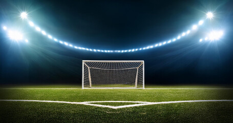 A large football stadium with goals in the middle, illuminated by floodlights.