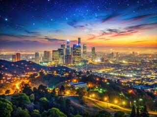 Obraz premium Stunning Night View of Hollywood City Skyline Illuminated with Vibrant Lights and Starry Sky