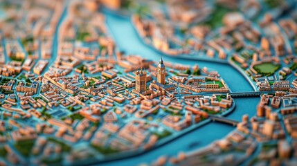 Obraz premium Aerial view of a miniature city landscape with vibrant colors and intricate details, showcasing streets and waterways.