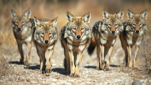A group of five coyotes walking together on a rocky path in a natural setting.