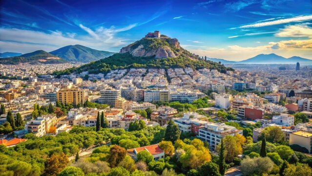 Stunning panoramic view of Mount Lykavitos overlooking the city of Athens under a clear blue sky