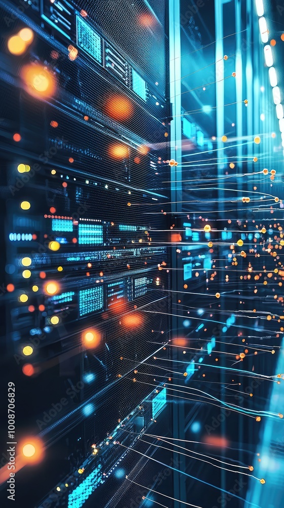 Poster dynamic server room with vibrant lights and data flow, representing modern technology and digital in