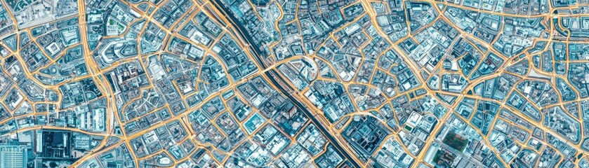 Fototapeta premium Aerial view of an urban area showcasing intricate streets and layouts in a vibrant city landscape.