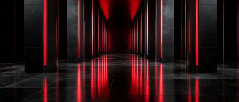 A long hallway with red lights on the walls