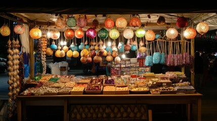 Obraz premium The vibrant local culture on display at the Kanchanaburi night market, with food stalls and crafts.