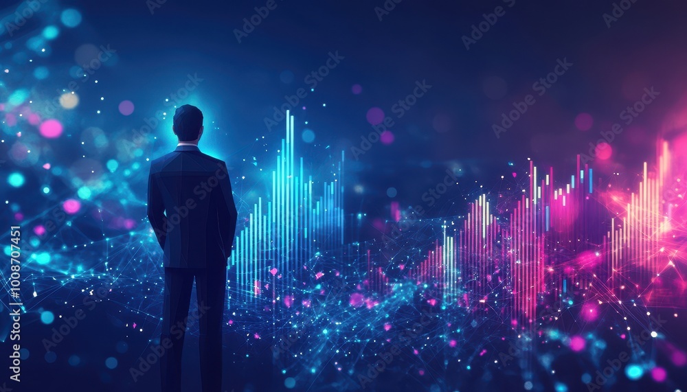 Poster a man in a suit standing before a background of data and abstract shapes