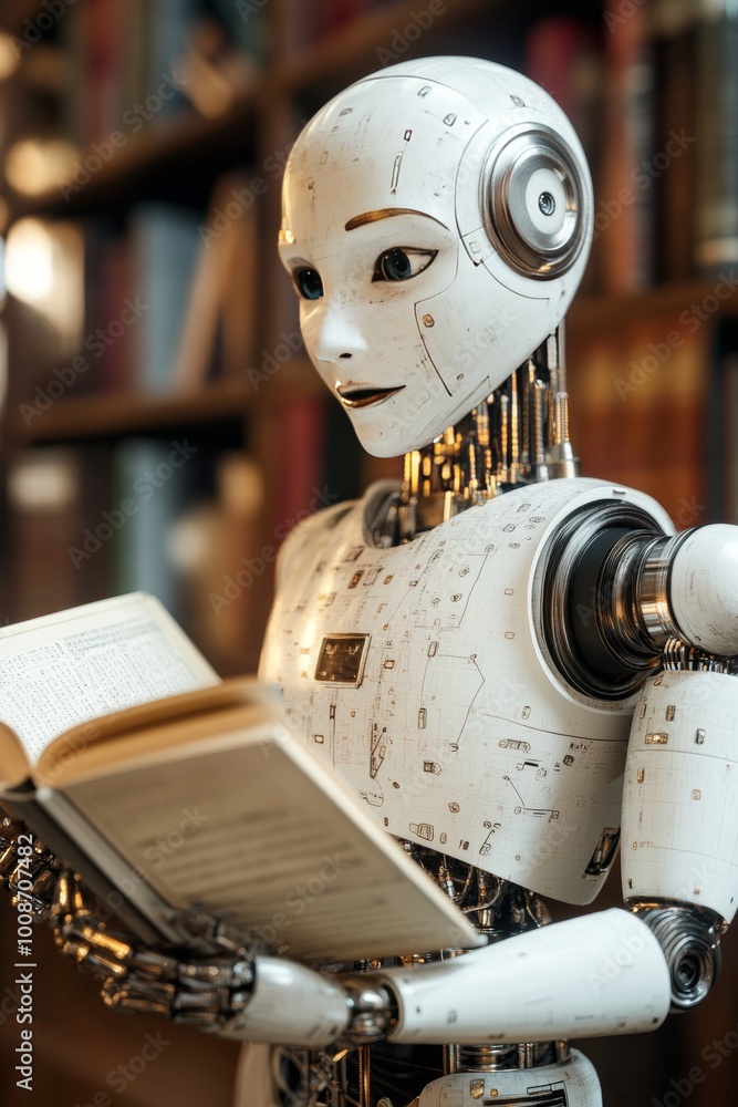 Poster advanced ai robot immersed in learning, exploring the world of knowledge through books