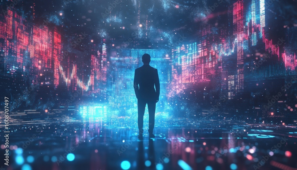 Poster A lone figure stands before a digital landscape of data and code.