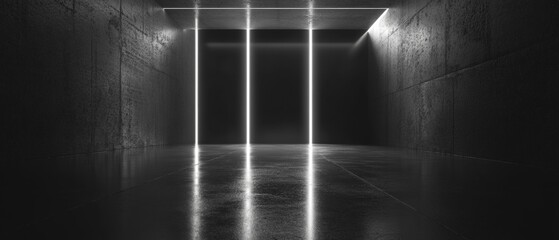 A dark room with three lights on the floor