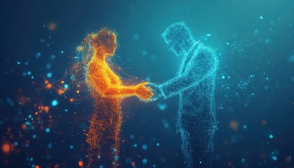 Abstract digital representation of two figures shaking hands
