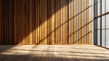  Wall with wood background. Panels with wood texture. Vertical slats in the interior design of an empty studio room. 3D architecture with window shadow overlay. 
