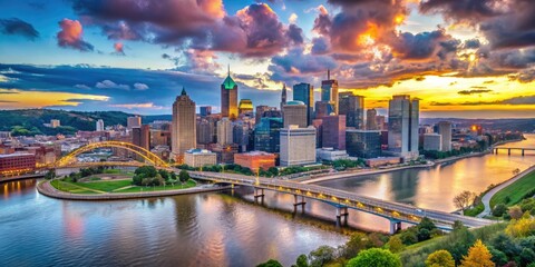 Fototapeta premium Stunning skyline view of Pittsburgh downtown showcasing modern architecture and vibrant city life