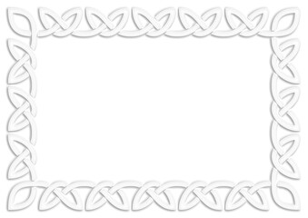 Simple Celtic frame, white. Linear border made with Celtic knots, which looks like a plaster ornament, for use in St. Patrick's Day designs.