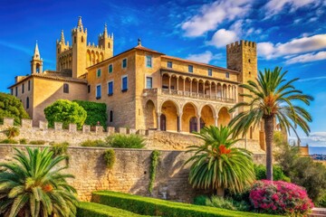 Fototapeta premium Stunning View of Almudaina Palace, Historic Architecture and Scenic Surroundings in Mallorca, Spain