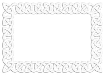 Simple Celtic knot frame, white. Linear border made with Celtic knots, which looks like a plaster ornament, for use in St. Patrick's Day designs.