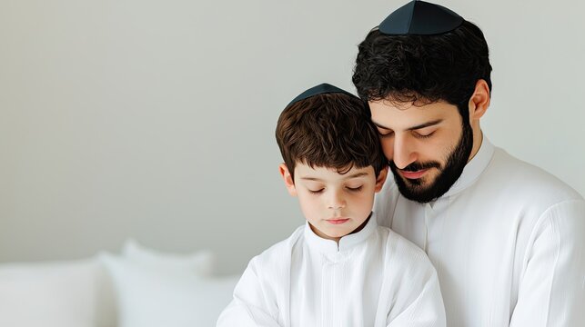 A tender moment between a father and son, both wearing traditional attire, sharing a connection in a serene indoor setting.