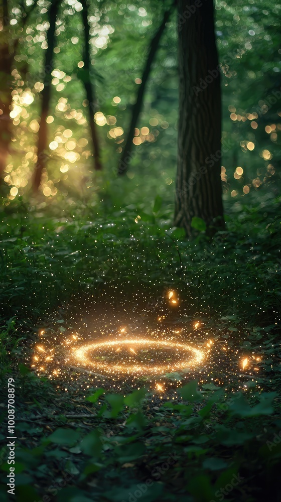 Poster enchanting forest scene with sparkling light circle, capturing a magical atmosphere and serene natur