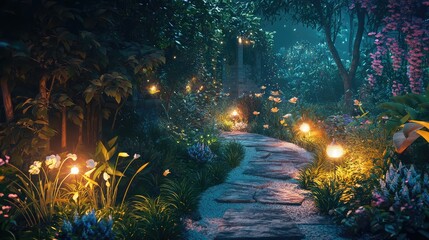 Fototapeta premium Enchanting pathway illuminated by soft lights, surrounded by vibrant flowers and lush greenery in a serene garden setting.