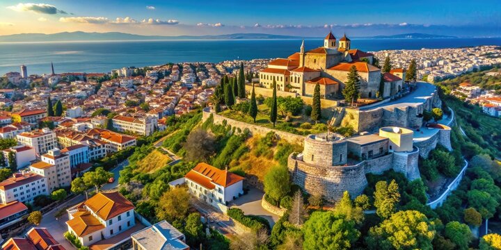 Stunning view of Lefkos Pyrgos, a historic landmark in Thessaloniki, Greece under blue sky