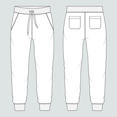 Fleece jersey Sweat pant With Cut and sew technical fashion flat sketch template front and back views. Apparel jogger pants vector illustration mock up for kids and boys. Fashion design drawing CAD